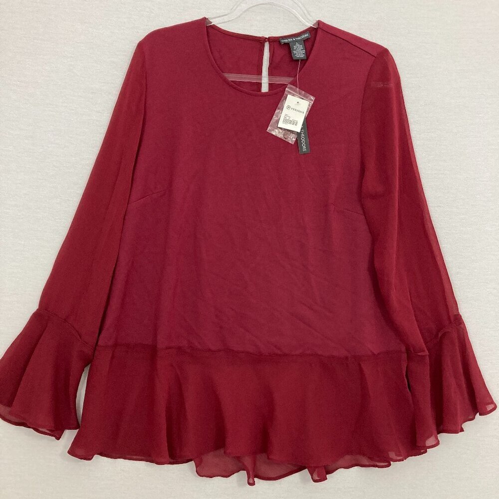 New Chelsea & Theodore Red Soft Chiffon Hem Romantic Feminine Top Large
